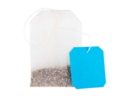Teabag with blue label isolated on a white backgroundの写真素材