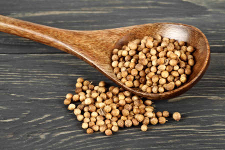 Dried coriander seeds in wooden spoon on wooden tableの写真素材