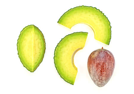 Avocado pieces set isolated on white background, top view. Food concept.