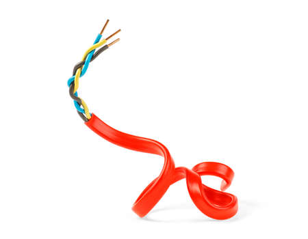 Closeup of red electric cable on a white background