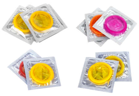 Set of different condoms on white backgroundの写真素材