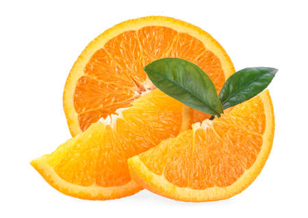Orange fruit slices with leaves isolated on a white background