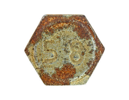 Rusty metal bolt head isolated on a white backgroundの写真素材