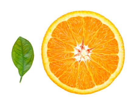 Orange slice and orange leaf isolated on white background, top view. Vitamin C, Detox conception.の写真素材