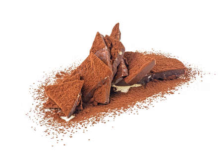 Milk chocolate bar with cocoa powder on a white background