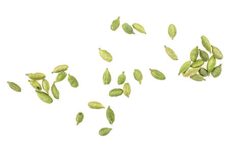 Dried green cardamom seeds isolated on a white background, top view.の写真素材