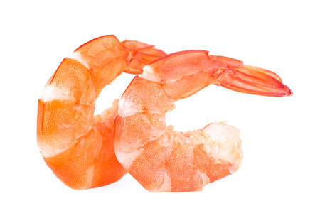 Two cooked unshelled tiger shrimps isolated on a white backgroundの写真素材
