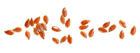 Brown flax seeds isolated on a white background, top view. Linseeds.の写真素材