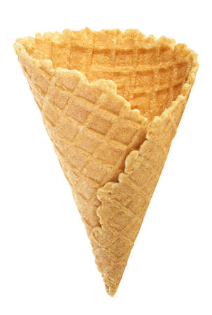 Empty ice cream cone isolated on white background. Sweet wafer cone. Vertical image.の写真素材