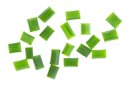 Chopped or cut scallions isolated on a white background, top view.の写真素材