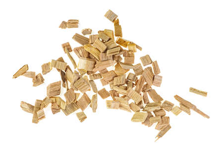 Pile of wood smoking chips isolated on white background, top view. Apple-tree wood chips.の写真素材