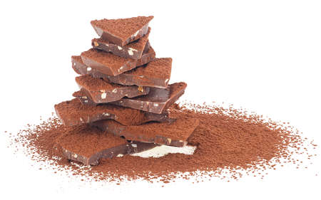 Milk chocolate with nuts and crushed cocoa isolated on a white backgroundの写真素材