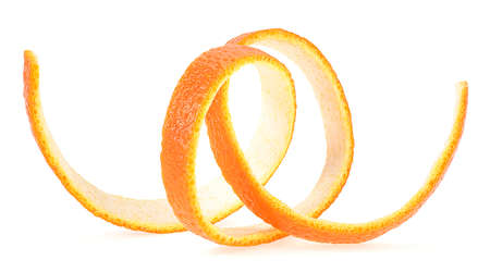 Close-up of spiral orange peel isolated on white background. Curl orange peel. の写真素材