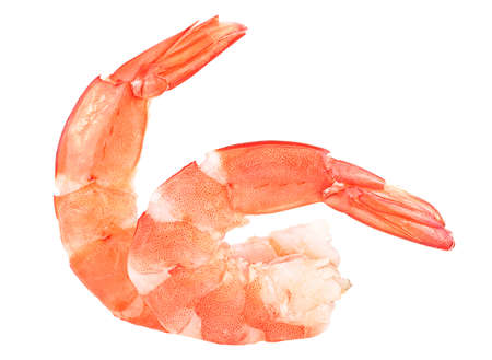 Steamed tiger shrimps isolated on a white background. Red boiled prawns or tiger shrimps.の写真素材