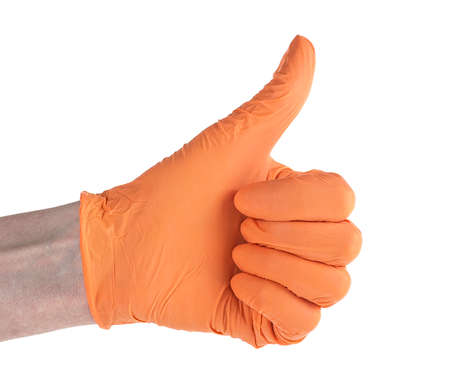 Female hand in sterile gloves isolated on a white backgroundの写真素材