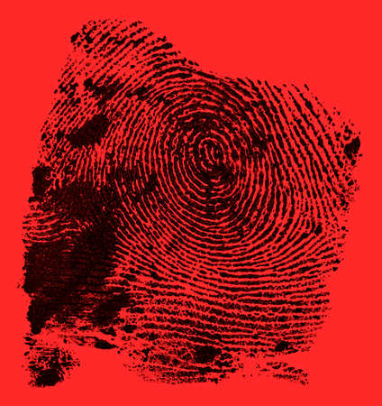 Black ink fingerprint on red background. Human fingerprint. Criminal style.の写真素材
