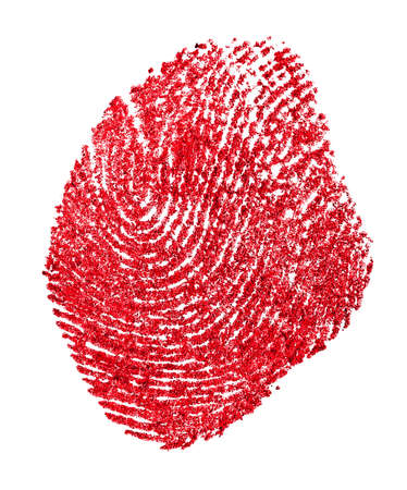 Red fingerprint on a white paper. Bloody fingerprint on a white background. Imprint. Macro.の写真素材