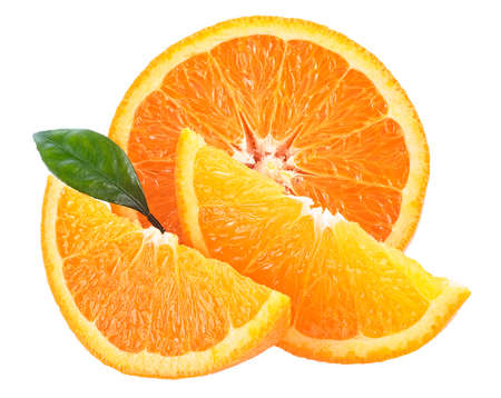 Fresh orange fruit with orange leaf and slices isolated on a white backgroundの写真素材