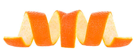 Two pieces of citrus twist peel isolated on a white background. Orange skin.の写真素材