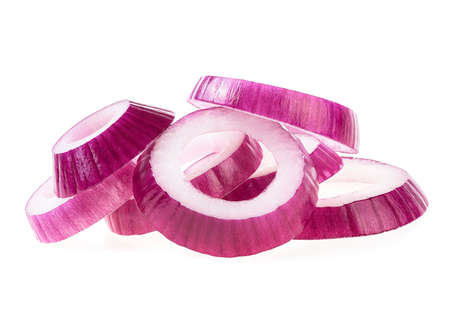 Violet onion rings isolated on a white background. Red onion slices.の写真素材