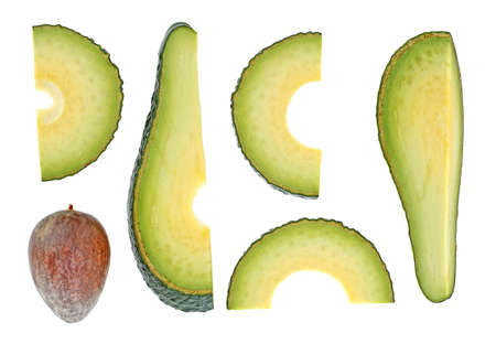 Composition with fresh avocado slices isolated on a white background, top view. Healthy food.の写真素材