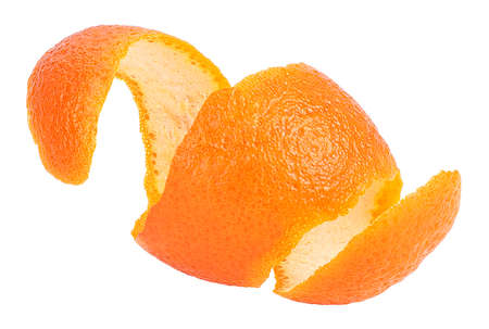 Isolated image of single orange peel on a white background. Orange zest spiral. Vitamin C, beauty health skin concept.の写真素材