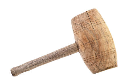Old self-made wooden hammer isolated on a white background. Vintage wooden mallet. Rustic wooden hammer.の写真素材