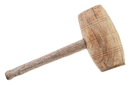 Self-made wooden hammer isolated on a white background. Vintage wooden mallet. Rustic wooden hammer.の写真素材