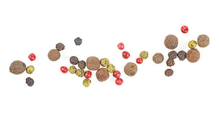 Mixed of peppers hot, red, black, white and green pepper isolated on white background, top view.の写真素材