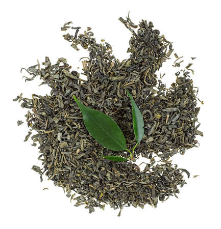 Dry green tea with fresh tea leaves isolated on a white background, top view.の写真素材