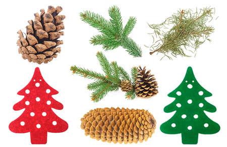 Christmas collection - gifts, decorative ornaments, fir cones and fir branches isolated on a white background.の写真素材
