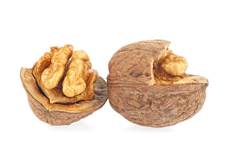 Whole and cracked walnuts isolated on a white background. Organic walnut. Delicious walnut.の写真素材