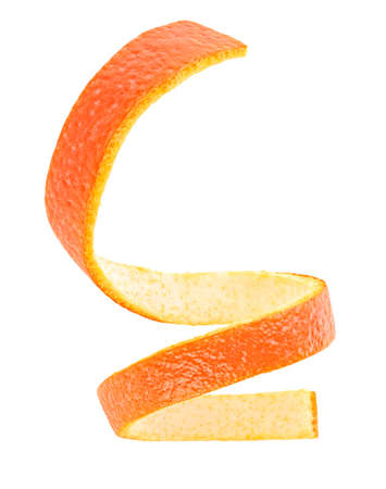 Vertical image of spiral orange peel on a white background. Isolated image. Citron. Cocktail ingredient.の写真素材