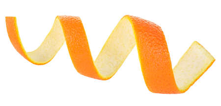 Spiral orange peel isolated on a white background. Orange zest spiral. Vitamin C.の写真素材