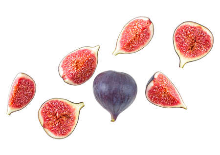 Set of fresh whole and sliced figs isolated on a white background, top view.の写真素材