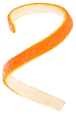 Skin of orange isolated on white background, top view. Citron. Spiral of orange fruit.の写真素材