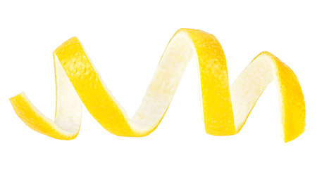 Peel of lemon fruit isolated on a white background. Yellow skin of ripe lemon. Front view.の写真素材