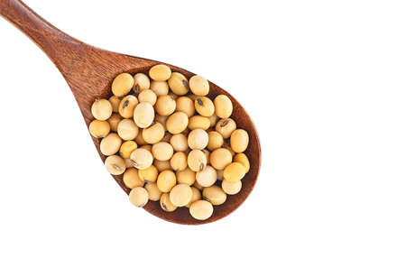 Soybeans in wooden spoon on a white background, top view. Organic raw soybeans. Space for text.の写真素材