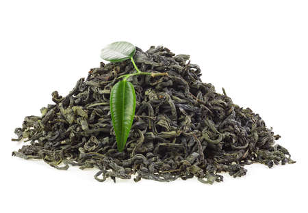 Heap of dry tea with green tea leaves isolated on a white backgroundの写真素材