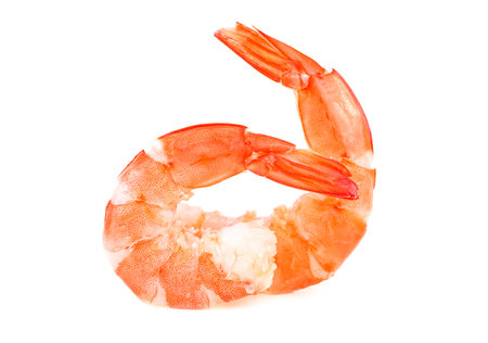 Two cooked unshelled tiger shrimps isolated on a white background. Steamed tiger shrimp.の写真素材