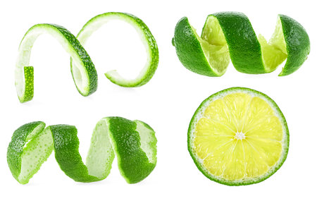 Set of lime fruits isolated on a white background. Cutted lime. Lime peel. Slice of lime.の写真素材