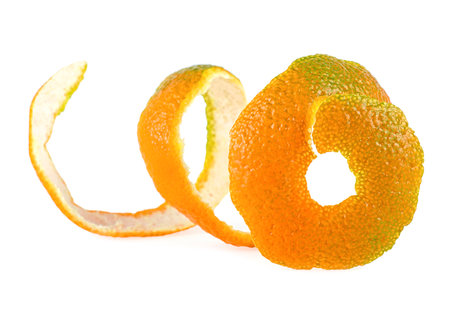 Peel of fresh mandarin fruit isolated on a white background. Healthy food.の写真素材