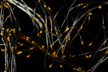 Garland with glowing lights on a dark background. Christmas lights on a black background. Selective focus.の写真素材