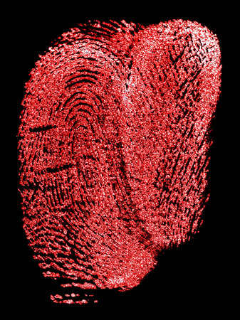 Red fingerprint on a black background. Bloody fingerprint. Fingerprint macro. Real fingerprint in red color.の写真素材