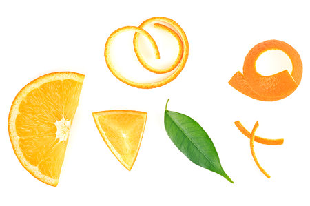 Orange slices, orange leaf and orange peel isolated on white background, top view. Vitamin C.の写真素材