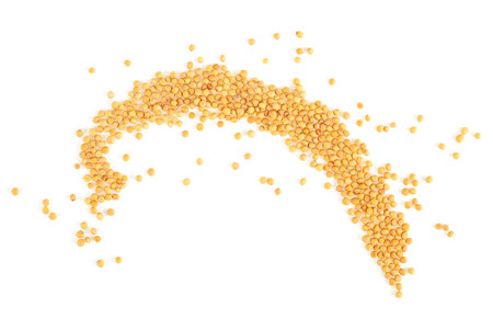 Organic yellow mustard seeds isolated on a white background, top view. Brassica alba.の写真素材