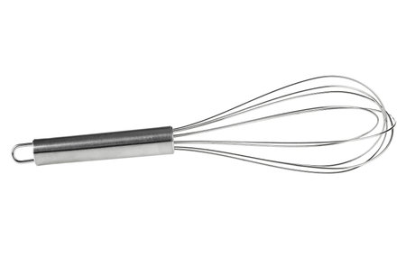 Stainless balloon whisk isolated on a white background. Stainless steel egg beater. Cooking equipment.の写真素材
