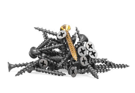 Pile of black screws and single gold screw isolated on a white backgroundの写真素材