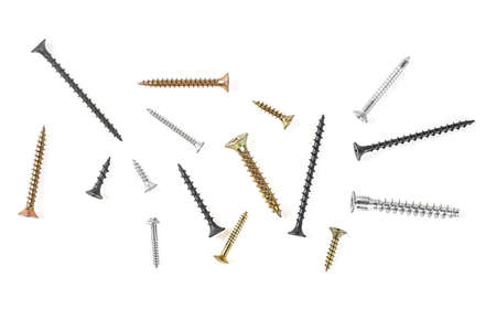 Top view of different screws isolated on a white backgroundの写真素材