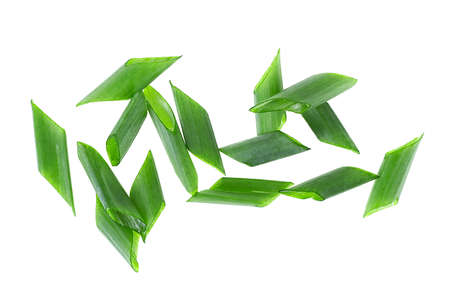 Chopped green onions isolated on a white background, top view. Spring chopped onions. Scallion.の写真素材